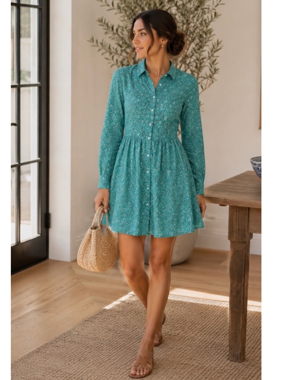 J.Crew Mini Floral long sleeve mini teal with side pockets Women’s size 2